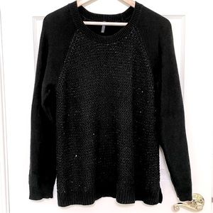 NYDJ Knit Tunic Sweater Sequins Metallic Thread Black Hi Low Split Sides Holiday